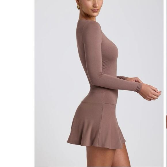 Oh Polly NEW Coco Modal Ruched Crew Neck Mini Dress in Taupe Medium - Picture 5 of 10